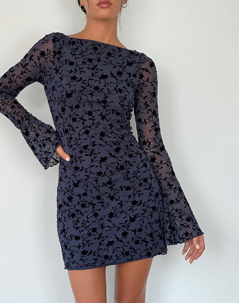 Image of Sevila Long Sleeve Mini Dress in Flocked Petal Navy