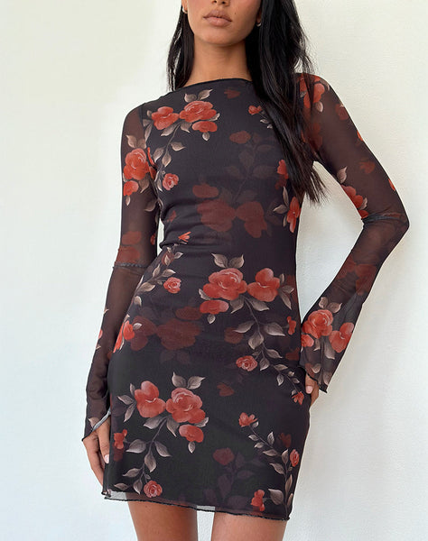 Image of Sevila Long Sleeve Mini Dress in Black Watercolour Rose