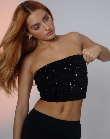 Healy Bow Detail Bandeau Top in Statement Sequin Black