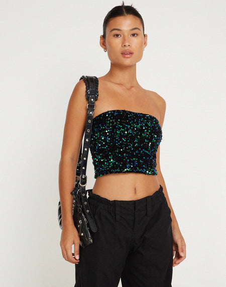 Runita Halter Top in Drape Sequin Forest Green