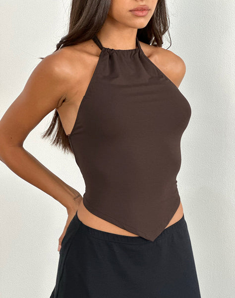 Image of Shalas Halterneck Top in Rayon Jersey Bitter Chocolate