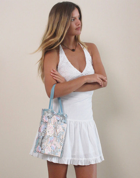 Image of Shi Bag in Natural Lace Embroidery with Blue Satin Binding