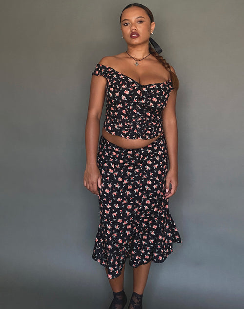 Image of Sima Midi Skirt in Flowing Rose Black