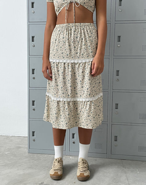 Image of Maxce Low Rise Midi Skirt in Antique Blue and Ivory Floral