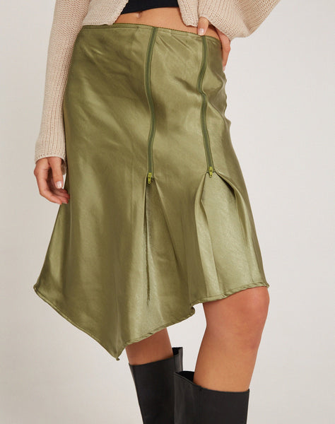 Image of Slaza Midi Skirt in Satin Olive