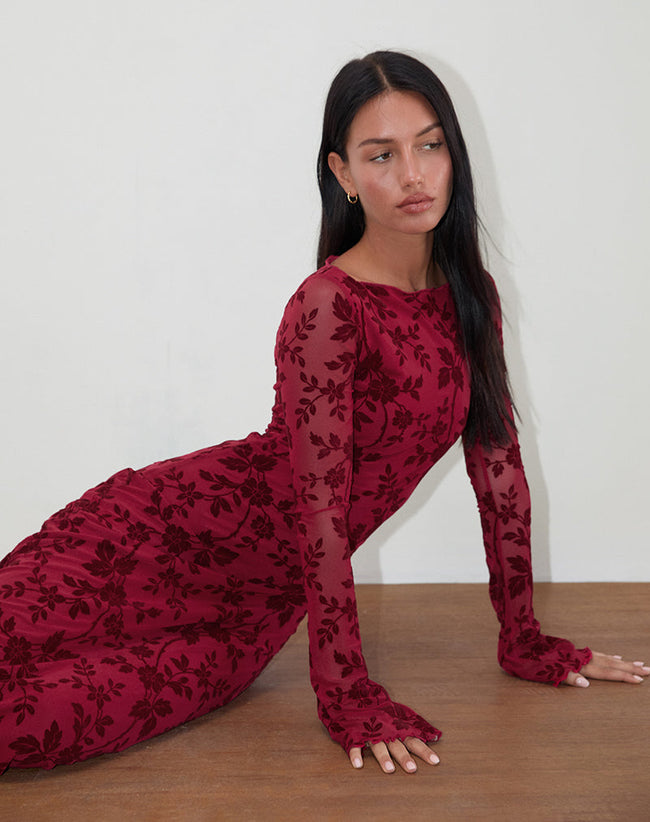 Image of Slokya Long Sleeve Maxi Dress in Vine Floral Flock Cherry