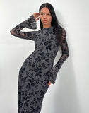 Image of Slokya Long Sleeve Maxi Dress in Vine Floral Flock Ocean Storm