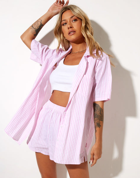 Image of Smith Short Sleeve Shirt in Vertical Stripe Pink and White