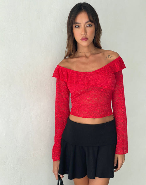 Image of Soka Bardot Frill Top in Red Lace