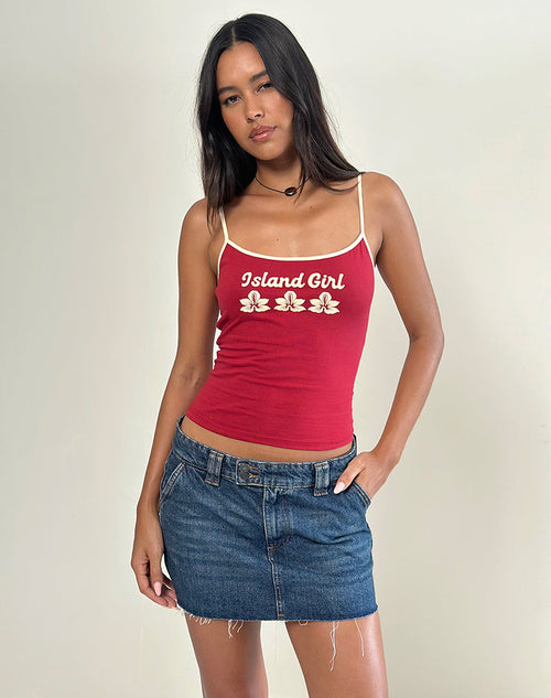 Image of Solani Top in Adrenaline Red with Stone Binding and Island Girl Graphic