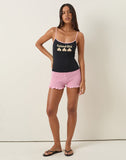 Image of Solani Cami Top in Black with Baby Pink Binding and Island Girl Print