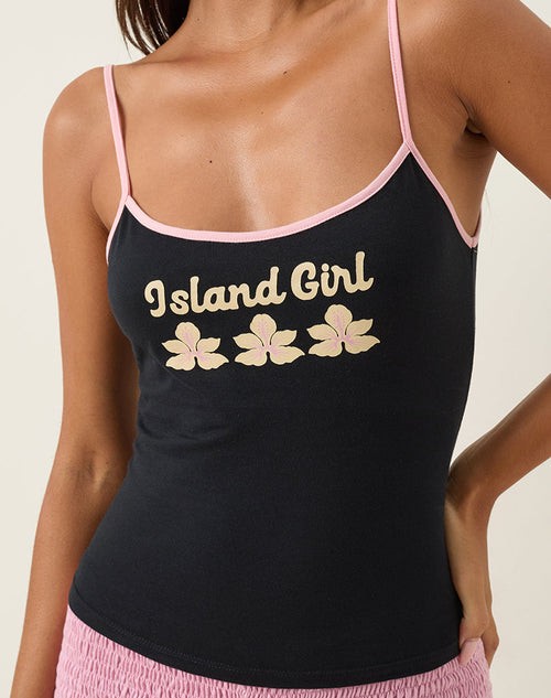 Image of Solani Cami Top in Black with Baby Pink Binding and Island Girl Print