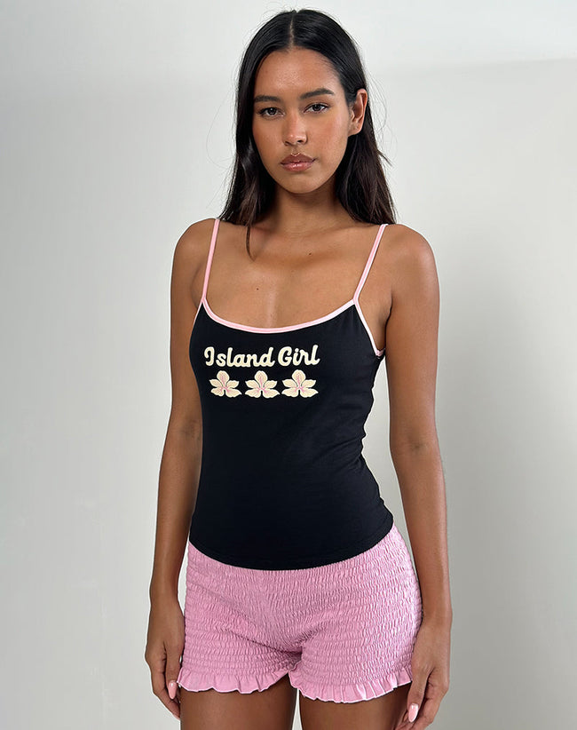 Image of Solani Cami Top in Black with Baby Pink Binding and Island Girl Print