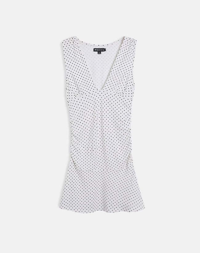 Image of Luscian Plunge Mini Dress in White with Micro Polka Black