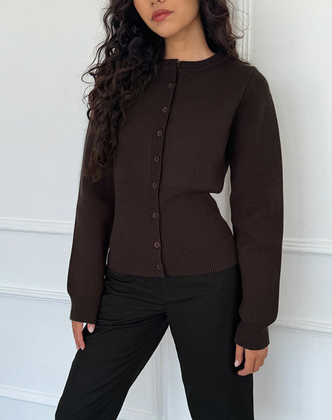 Image of Subra Long Sleeve Ribbed Hem Cardi in Bitter Chocolate