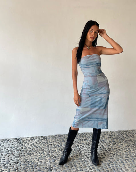 Image of MOTEL X JACQUIE Suki Bandeau Midi Dress in Mesh Abstract Paint Brush Blue