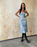 Image of MOTEL X JACQUIE Suki Bandeau Midi Dress in Mesh Abstract Paint Brush Blue