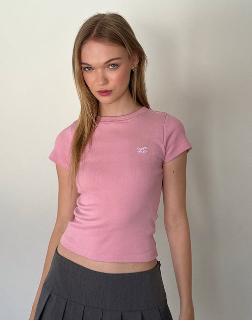 Image of Suti Ribbed Tee in Flamingo Pink with White Bow Embroidery