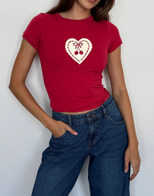 Image of Sutin Baby Tee in Adrenaline Red with Embroidered Cherry Heart