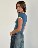 Image of Sutin Tee in Blue with 5 Emblem and Yellow Lemonade Binding