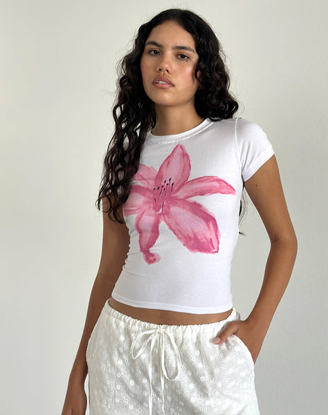 Image of Sutin Tee in White with Painted Flower Pink