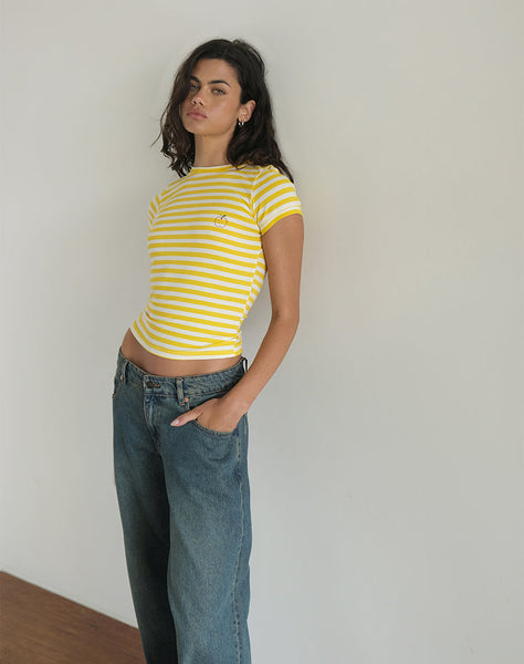 image of Sutin Tee in Yellow with White Stripe Apple Print