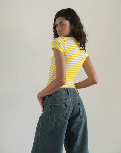 image of Sutin Tee in Yellow with White Stripe Apple Print