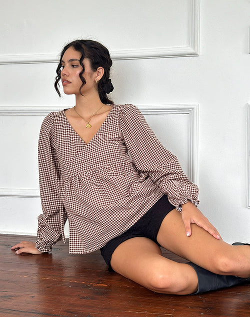 Image of Suzumi Wrap Blouse in Mini Gingham Brown