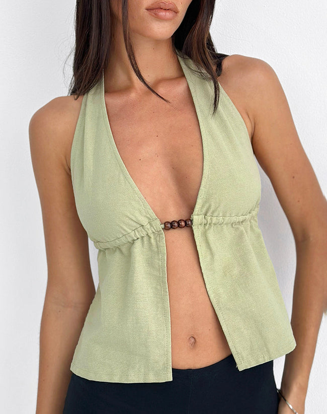 Image of Syrma Backless Halter Top in Linen Sage Green