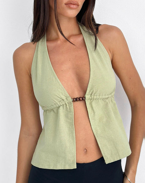 Image of Syrma Backless Halter Top in Linen Sage Green