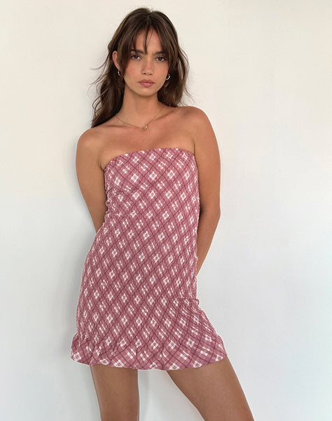 Image of Takiyo Bandeau Mini Dress in Pink Tartan