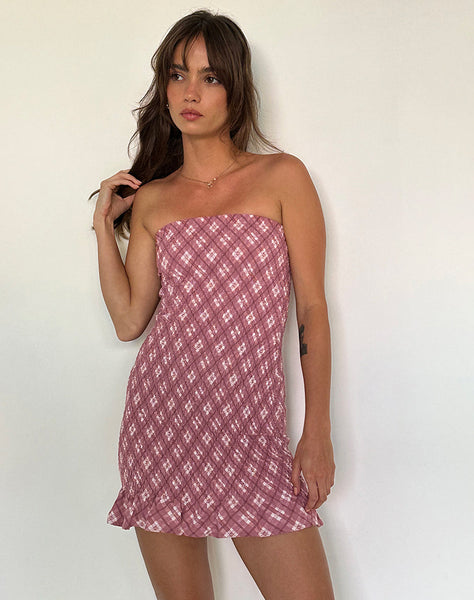 Image of Takiyo Bandeau Mini Dress in Pink Tartan