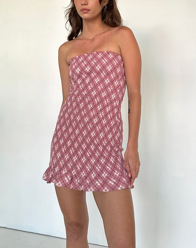 Image of Takiyo Bandeau Mini Dress in Pink Tartan