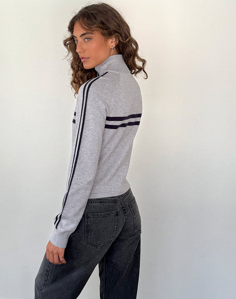 Image of Talisa Sporty Zip Through Jacket In Light Grey with Navy Stripes