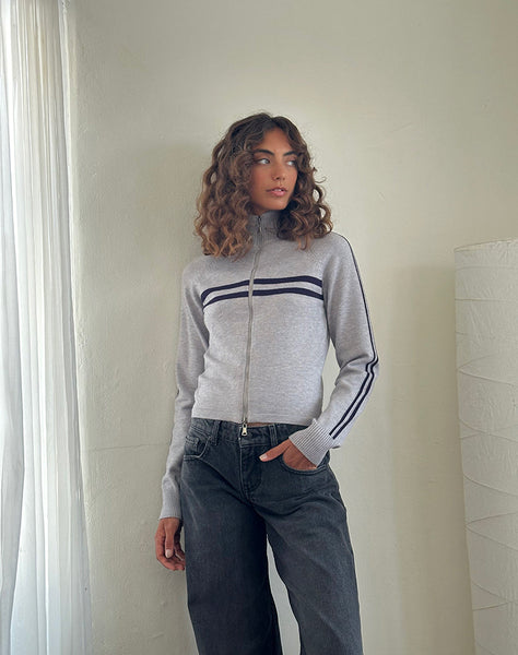 Image of Talisa Sporty Zip Through Jacket In Light Grey with Navy Stripes