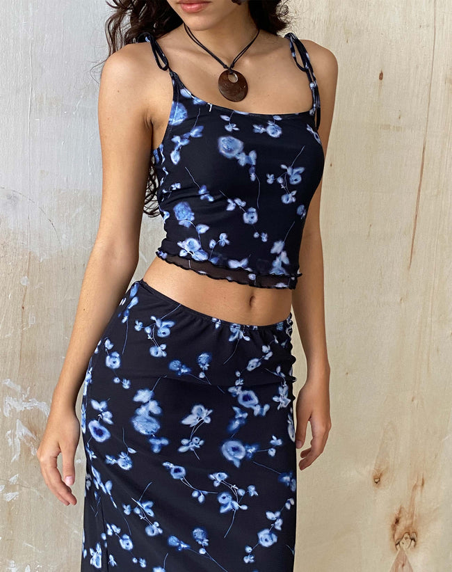 Image of Tamari Tie Detail Mesh Vest Top in Diffused Floral Navy