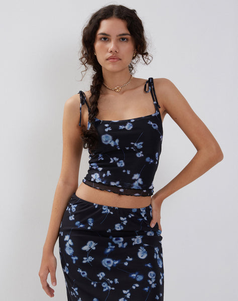 Image of Tamari Tie Detail Mesh Vest Top in Diffused Floral Navy