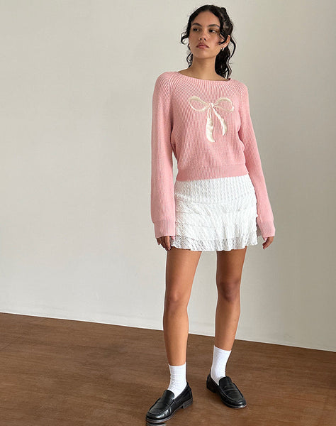 Image of Tami Jumper in Knit Pink with White Bow Embroidery