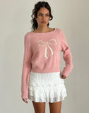 Image of Tami Jumper in Knit Pink with White Bow Embroidery