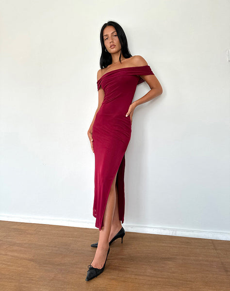 Image of Tarna Bardot Maxi Dress in Mesh Burgundy