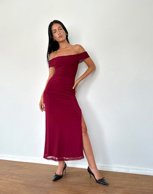 Image of Tarna Bardot Maxi Dress in Mesh Burgundy