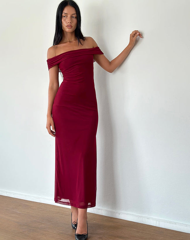 Image of Tarna Bardot Maxi Dress in Mesh Burgundy