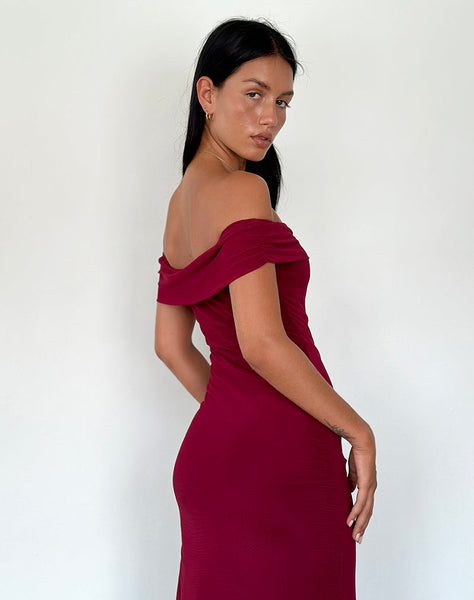 Image of Tarna Bardot Maxi Dress in Mesh Burgundy