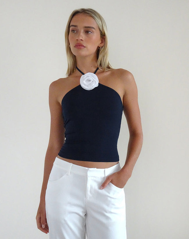 Image of Tarrina Halterneck Top in Dark Navy with White Rosette