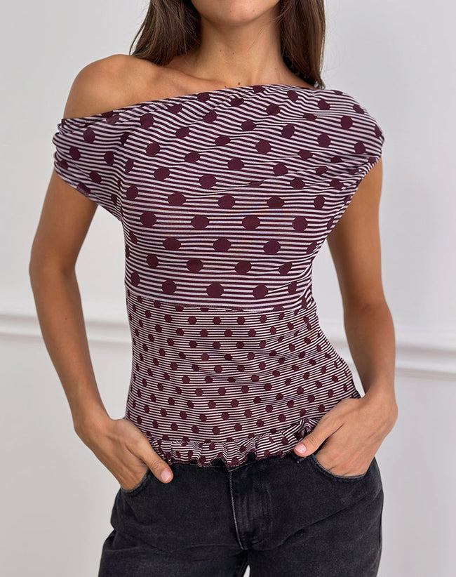 Image of Tarya Asymmetric Top in Stripe Polka Plum