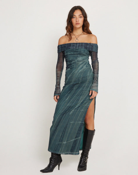 image of Terra Bardot Midi Dress in Cityscape Green