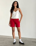 image of Thera Shorts in Tango Red with Off White Piping and M Emb