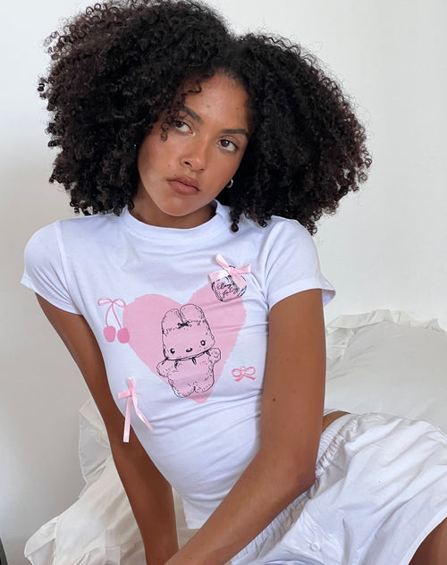 Image of Tiona Cropped Tee in White with Love Bunny Print and Embroidery