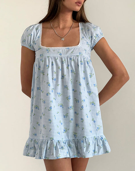 image of Trim Mini Dress in Blue Flower Gingham