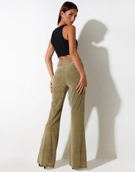 IMAGE OF Flare Trouser in Mixed Animal Flock Olive